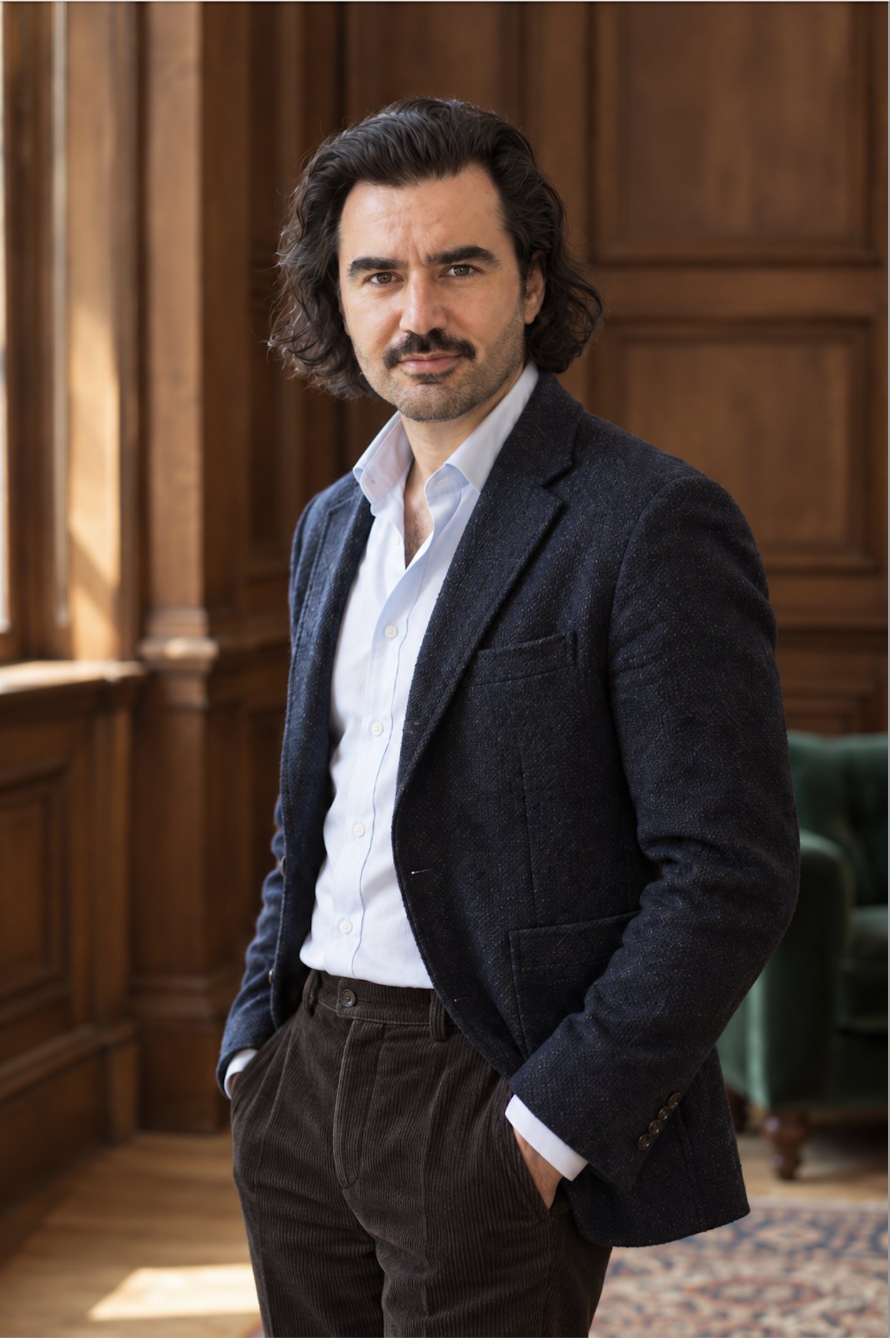 Dr Milosz Rosinski standing in a wood-panelled study